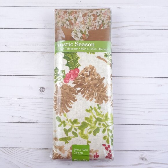 Fabric Tablecloth Holiday Pinecones Holly Leaves Berries 60x102 Rustic Season - Picture 1 of 3